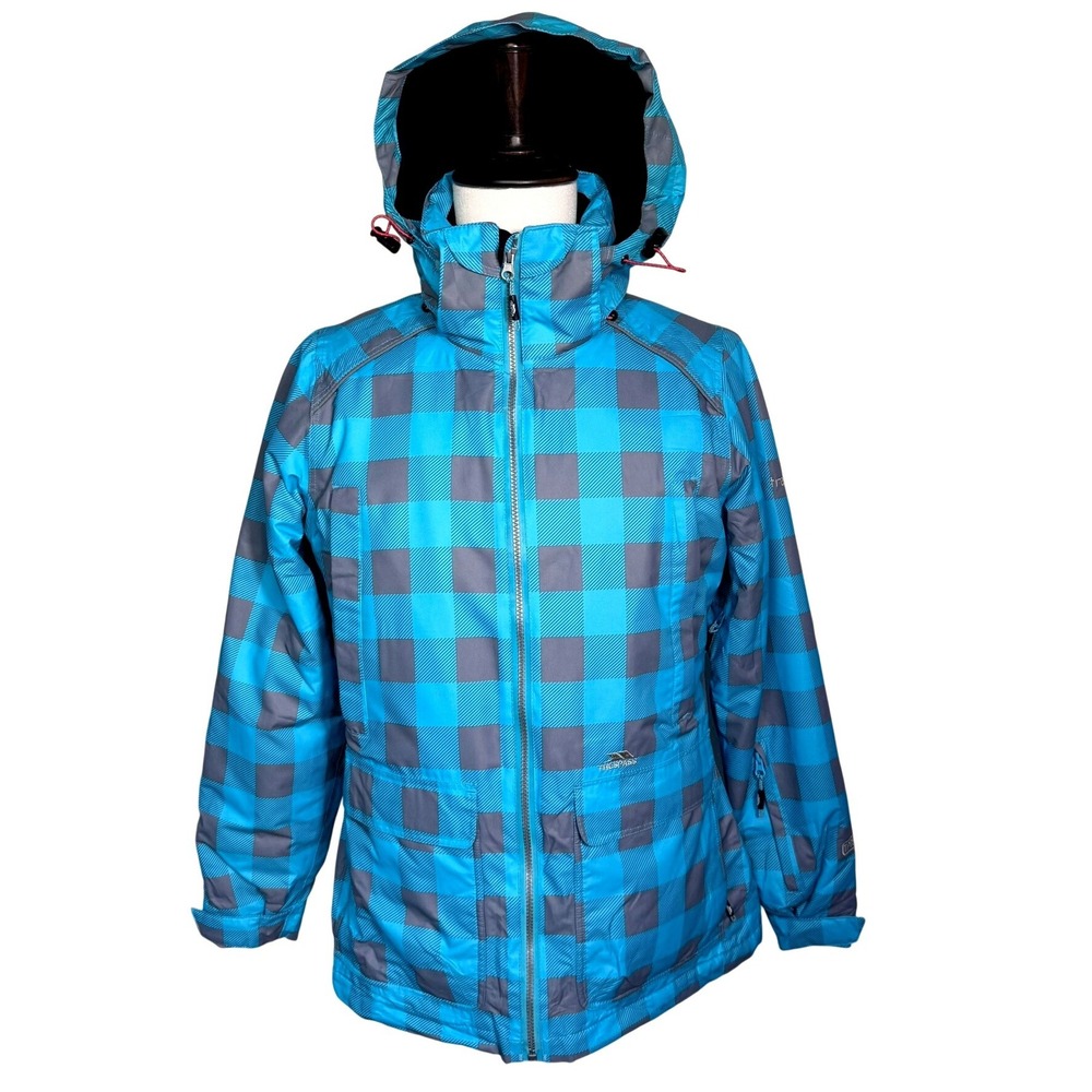 TRESPASS Men's Medium Blue Checkered TP75 Waterproof Ski Jacket Hooded Coldheat